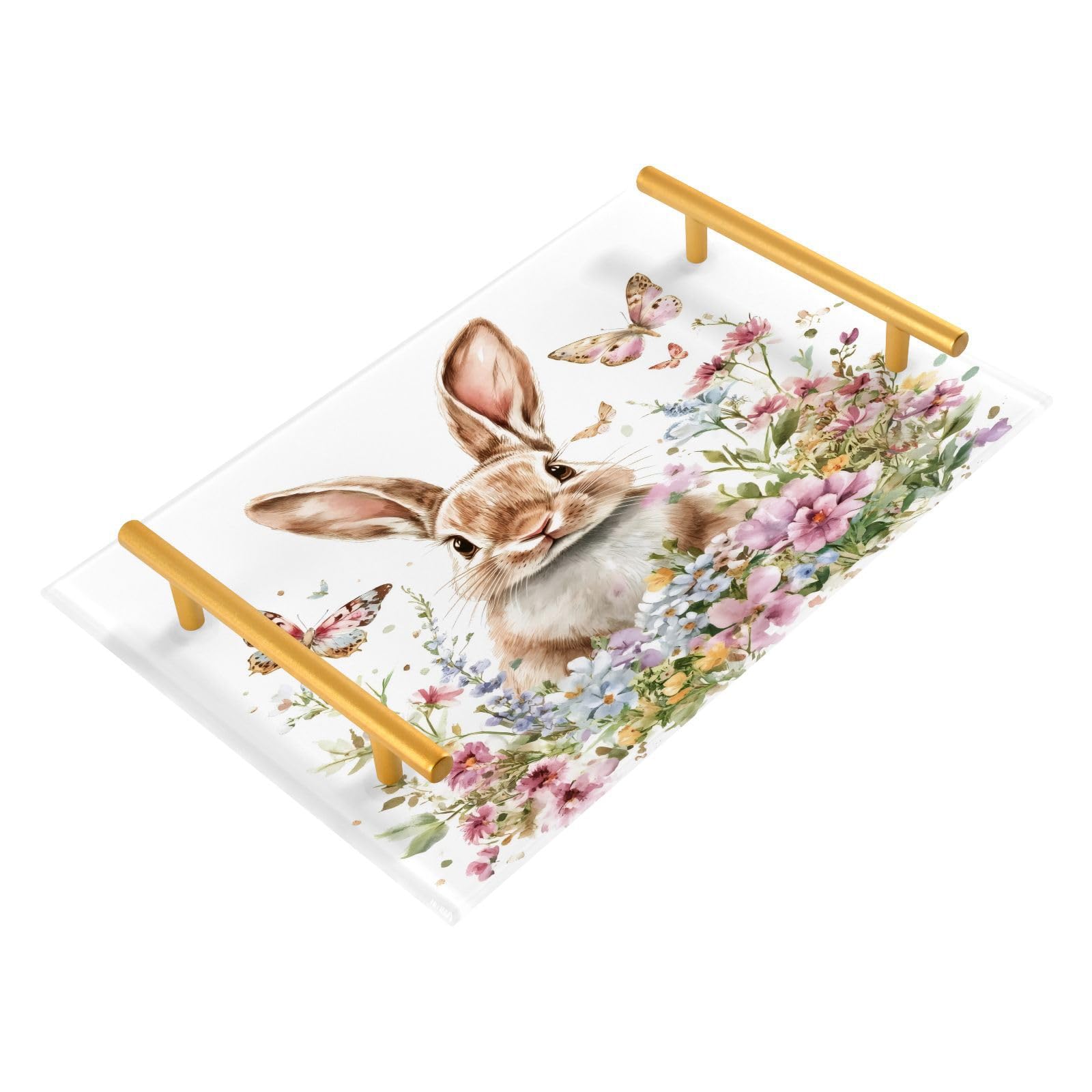 GUIJI Flower Bunny Acrylic Tray, Perfume Cosmetic Jewelry Decorative Trays Bathtub Organizer, Living Room Kitchen Serving Tray with Gold Handles