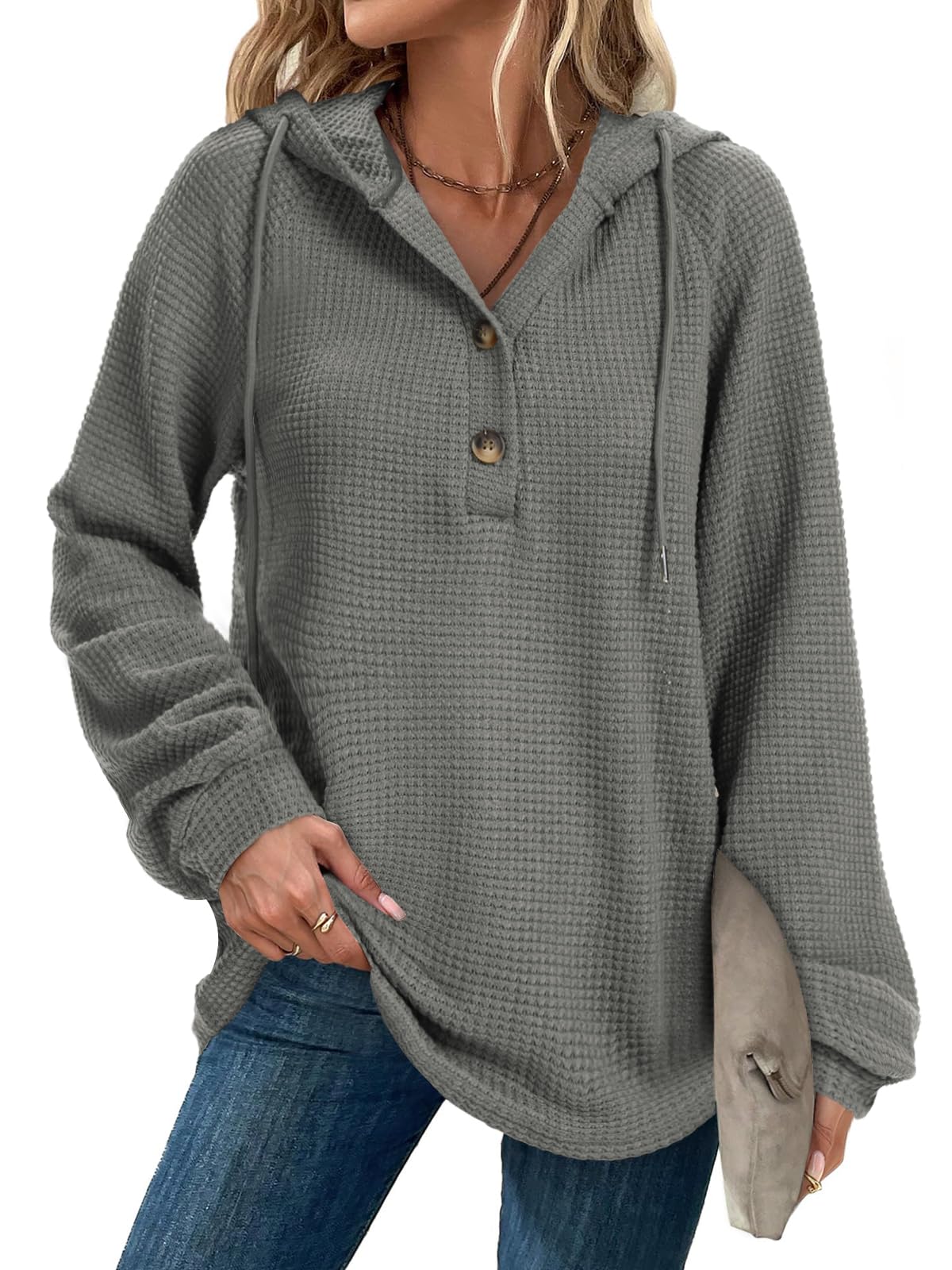 Hoodies Sweatshirt for Women Waffle Long Sleeve Oversized Sweaters Drawstring Button V Neck Casual Pullover Tops