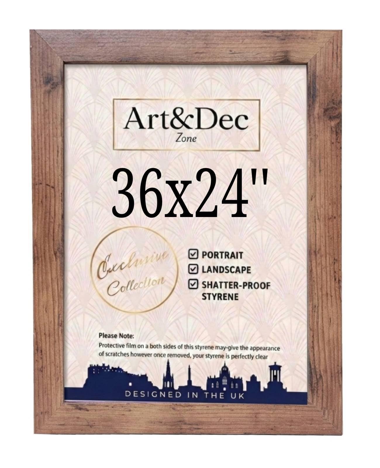 Art & Dec Zone® Vintage-style Rustic MDF Picture Frame 36x24 Inch – High-Clarity Shatter-Proof Acrylic Poster Holder for Modern Wall Decor