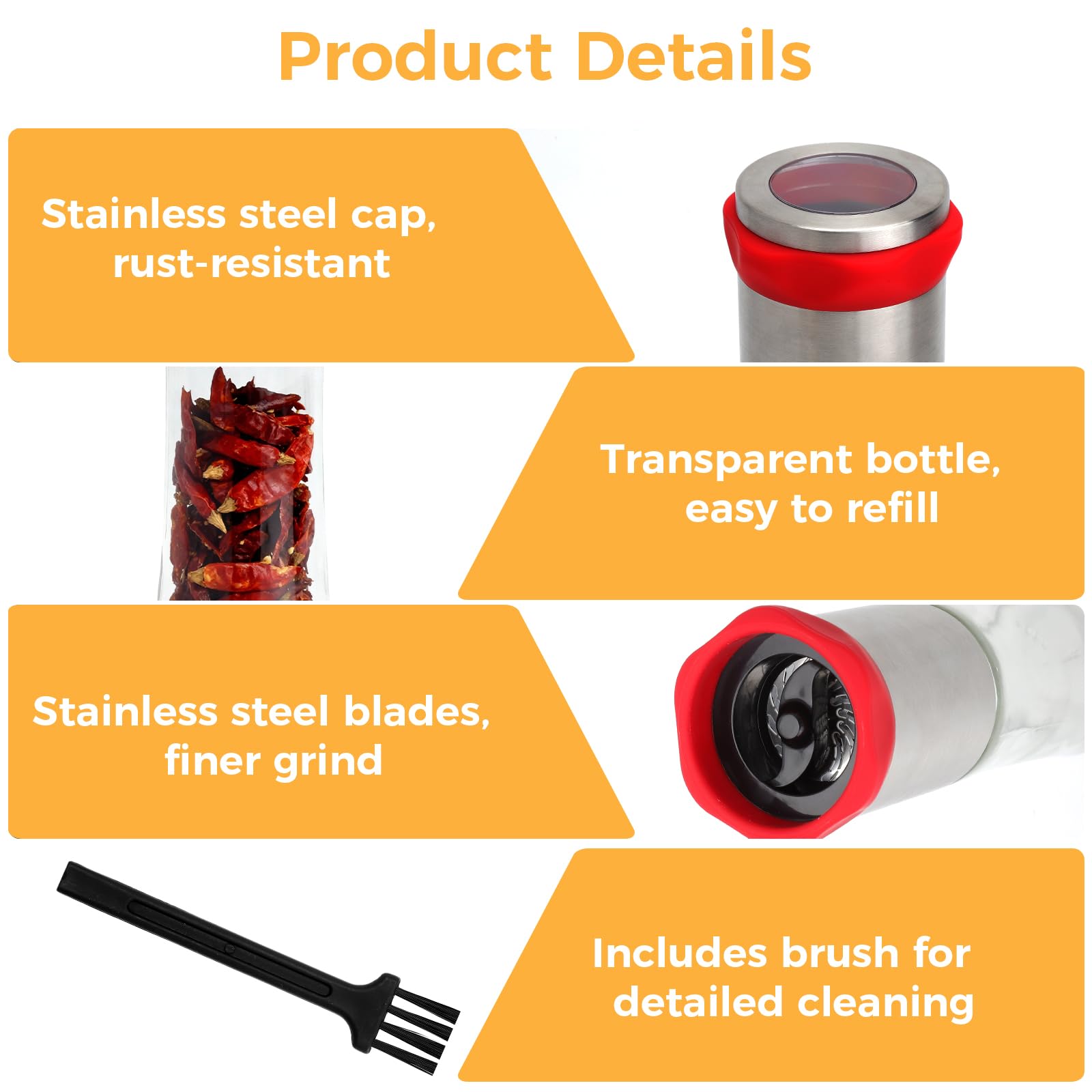 Moulin à Épices Inox avec 1 Brosse, 150ml Moulin Manuel en Verre Transparent, Broyeur Inox Réglable pour Piment, Poivre, Herbes Séchées, Graines, pour Cuisine et Barbecue