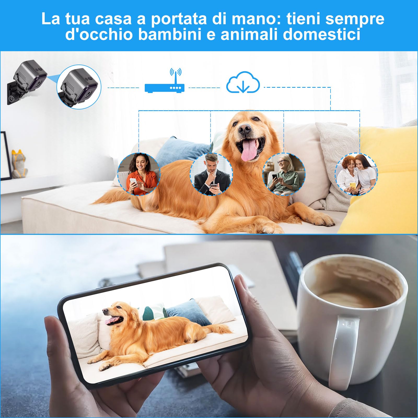 Telecamera Spia WiFi Interno, Mini Videocamera Sorveglianza 1080P con Visione Notturna, Telecamera Nascosta,Rilevamento di Movimento e Controllo Remoto via App