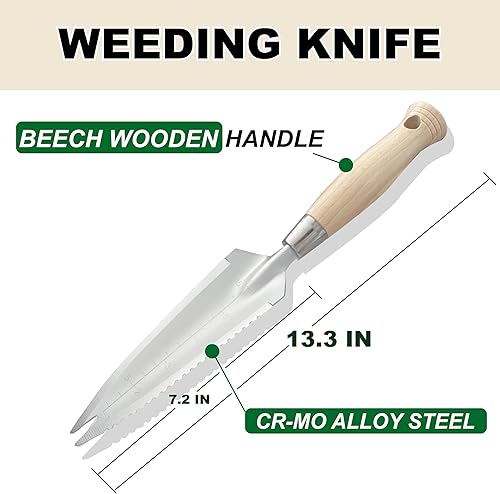Miniatura 2 de SUMIO Paleta de jardín de acero de aleación de 13.3 pulgadas con punta bifurcada y marcas de profundidad, cuchillo para cortar raíces, trasplantar,