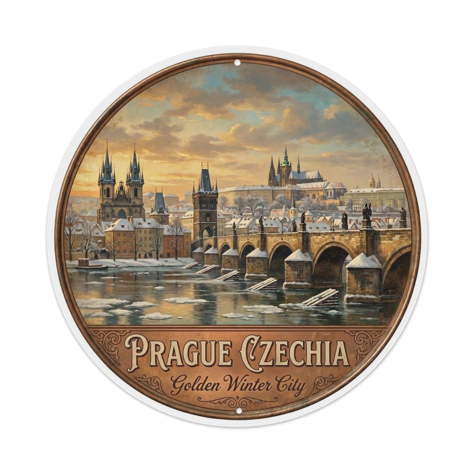 Vintage Travel Prague Czechia Snowy Metal Tin Sign