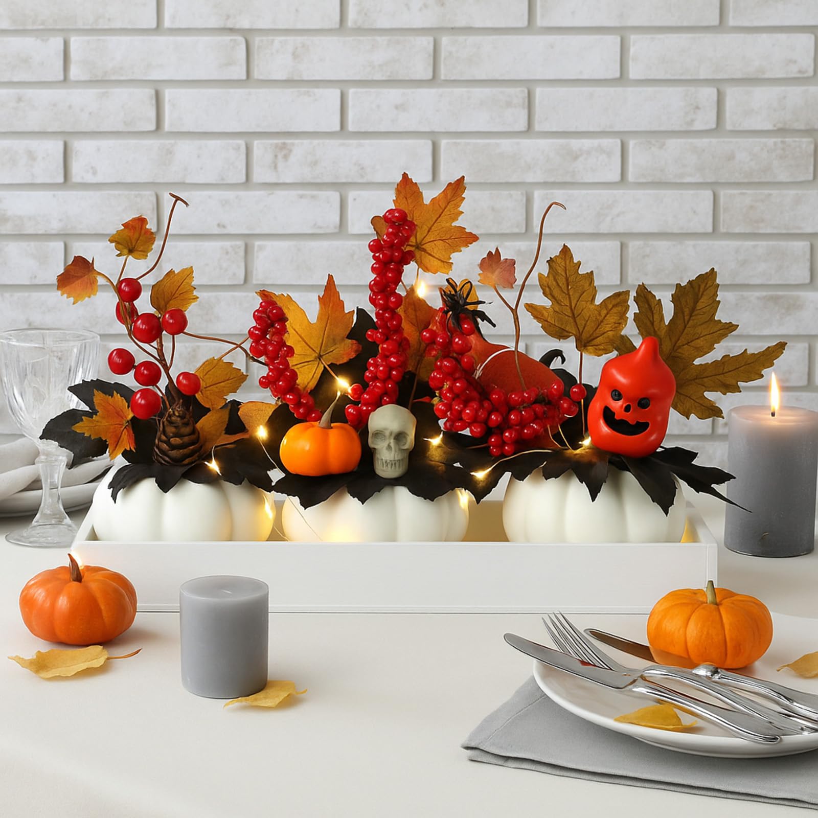 Yalikop Juego de 4 centros de mesa de calabaza de otoño con mini bandeja de madera y luz LED para cosecha, decoración del hogar, cocina, fiesta de Acción de Gracias, centro de mesa (blanco)