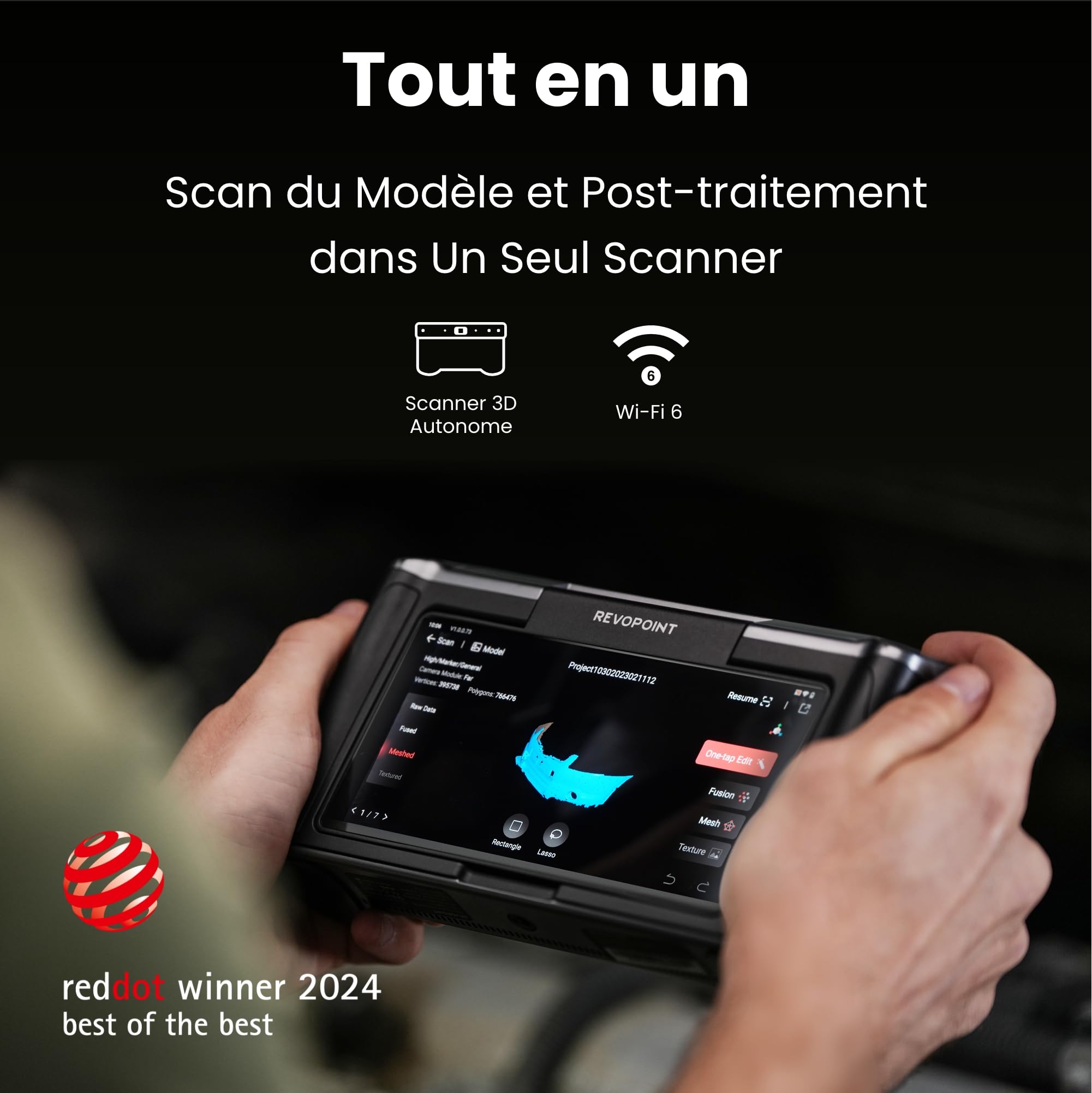 Revopoint MIRACO Scanner 3D Portable pour imprimante 3D,avec WiFi,écran réglable à 180°,Batterie 5000 mAh à Chargement Rapide,précision jusqu'à 0,02mm,Convient pour Les Petits et Grands Objets,16 Go