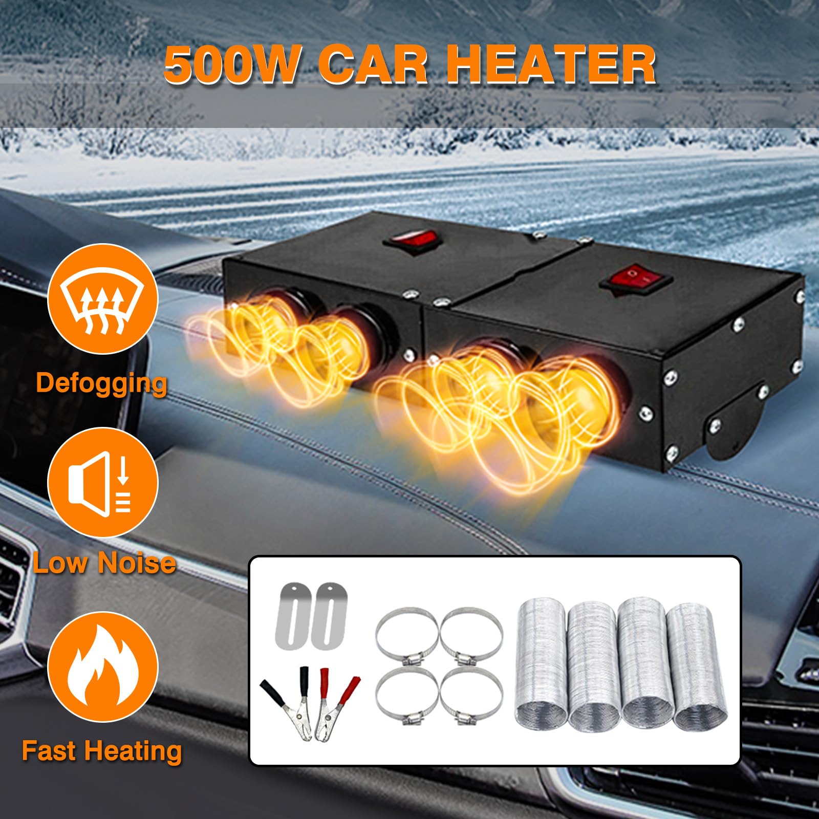 Riscaldatore per auto Riloer per camper portatile 12V 500W per auto invernale riscaldamento rapido e disappannamento sbrinamento 4 uscite d'aria compatibile con vari veicoli nero