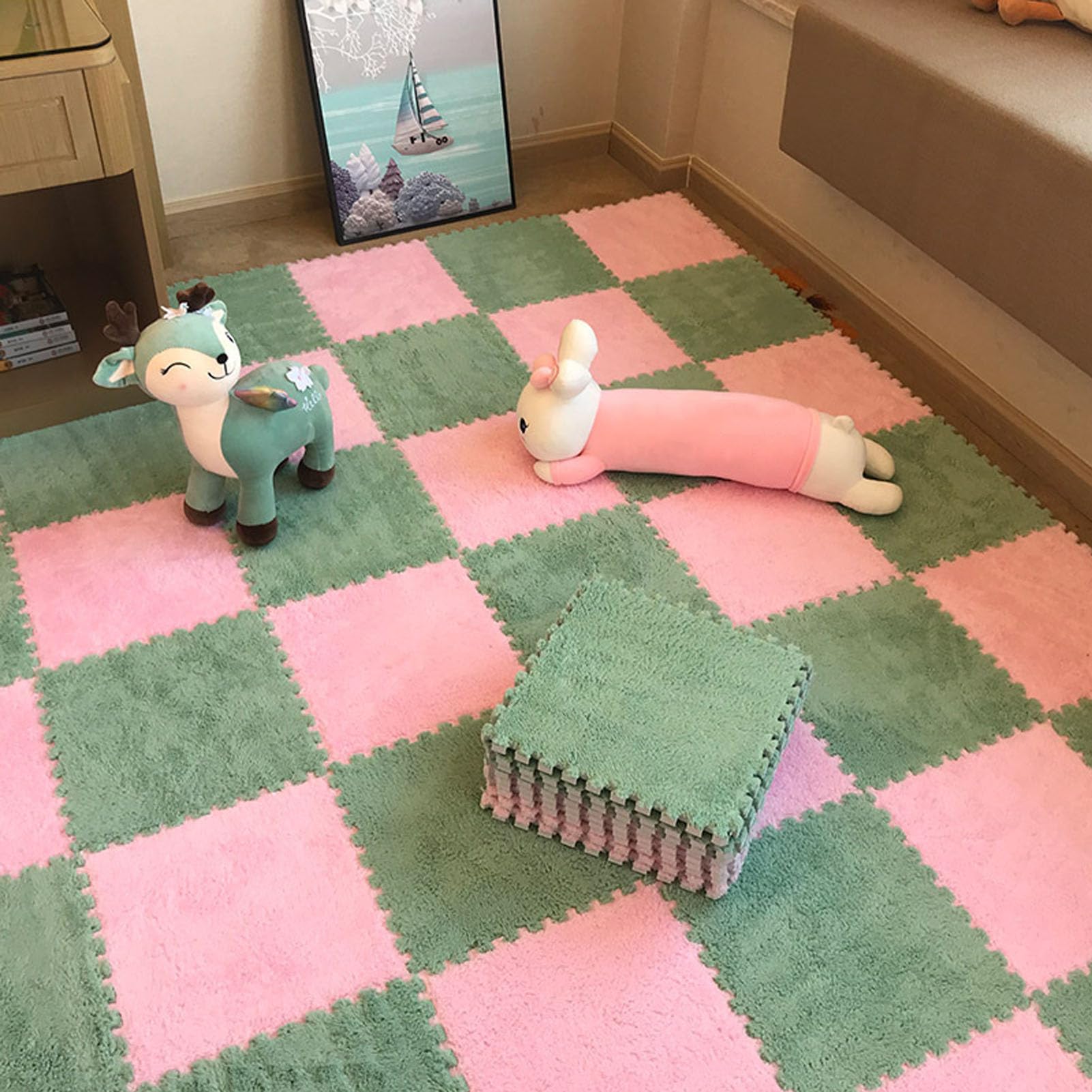 Tapis en Mousse, Paquet de 30 Tapis Sol en Mousse emboîtables Multicolores 12x12 Pouces(Light Green+Pink)