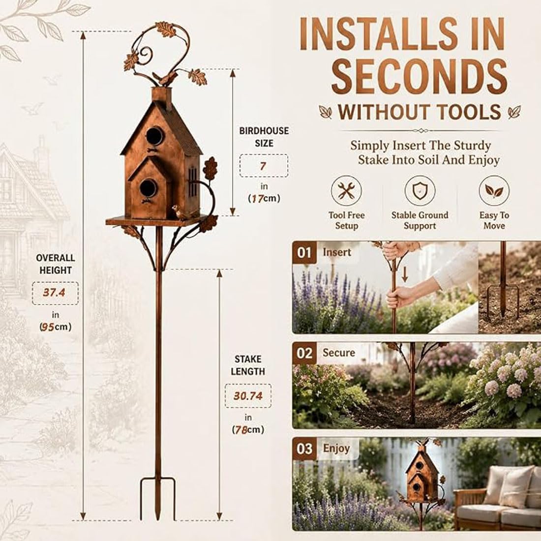 Paletto Da Giardino Con Casetta Per Uccelli In Ferro Fatta A Mano (5pcs) | Paletto Rustico Metallico Casetta Uccelli, Decor Giardino Per Aiuole, Portici, Vialetti, Recinzioni, Giardini Country