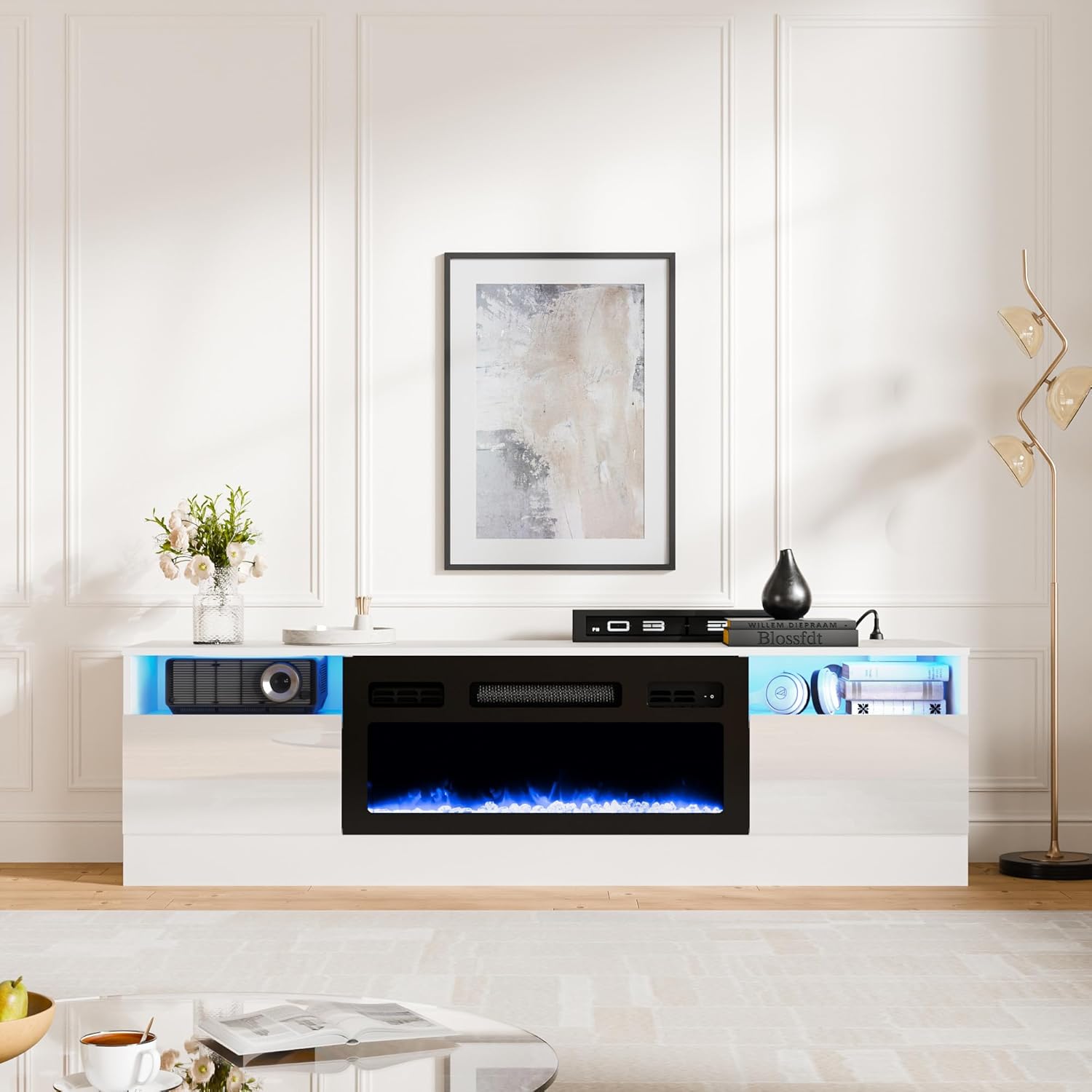 Cozy Castle Fireplace Tv Stand with 30“Electric Fireplace Up to 75" Tvs,LED High Gloss Modern Tv Stand for 65 70" Tv,Entertainment Center Tv Console with Storage,Charging Station for Living Room,White