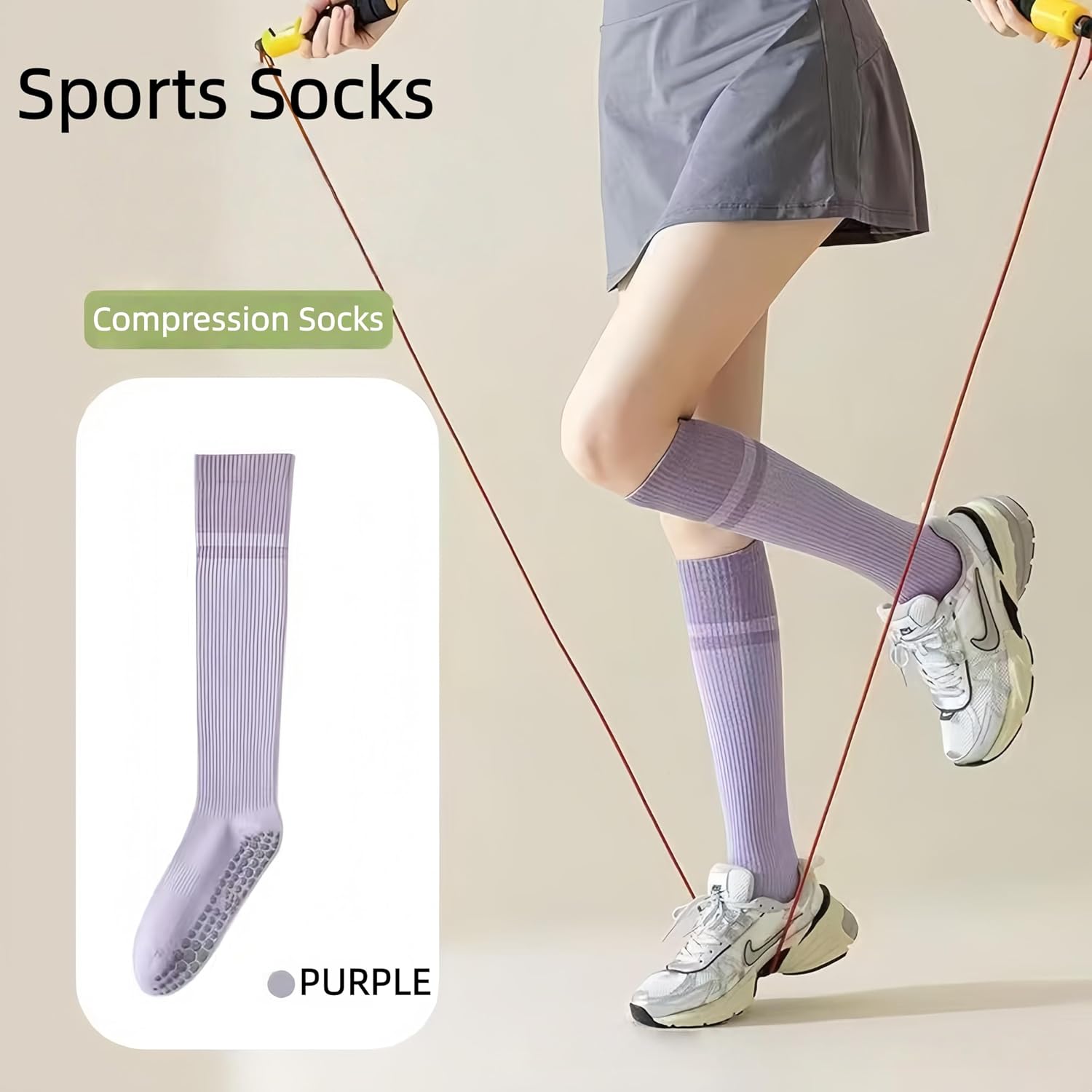 Long Anti-Slip Sports Socks, 5 Pairs of Yoga Socks, Green + Purple + Pink + Blue + Khaki