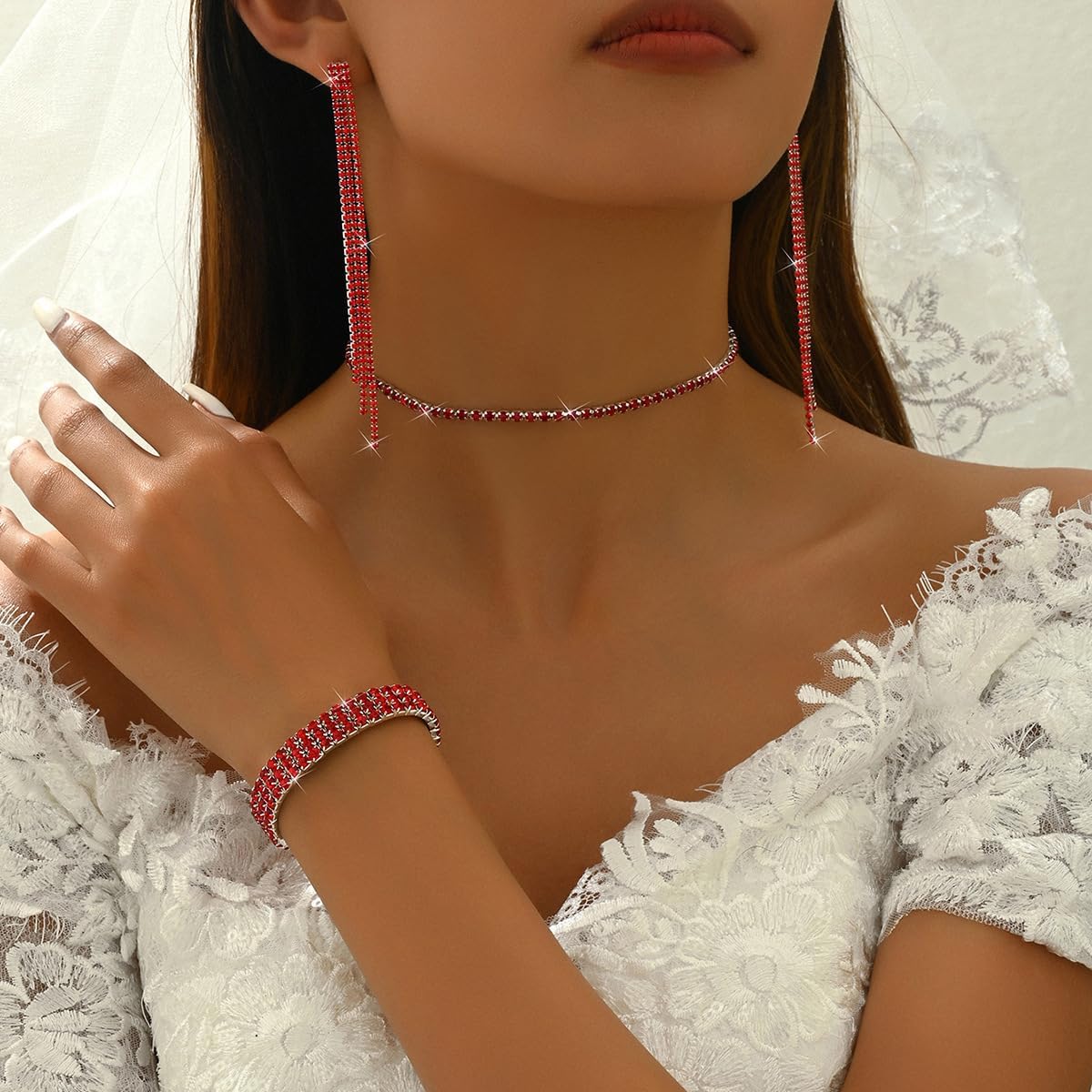 Silver Prom Jewelry Set for Women Elegant Crystal Rhinestone Necklace and Earrings Bracelet Prom Accessories Wedding Jewelry Sets for Brides - Image 3