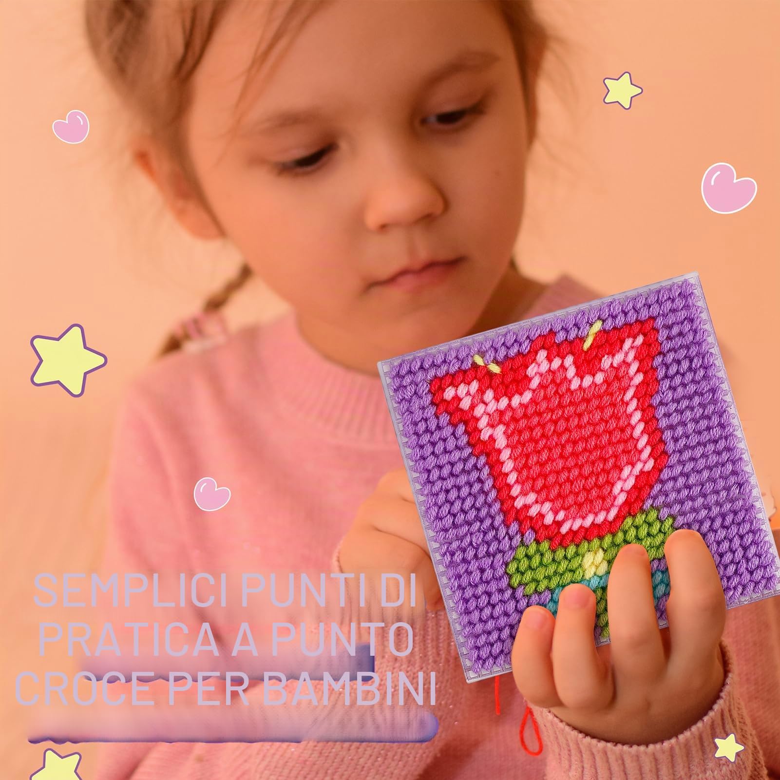Caydo kit punto croce 8-in-1 per principianti bambini, include 8 tele in plastica con pre-pattern, 13 colori di fili, istruzioni, aghi da ricamo per principianti cucito