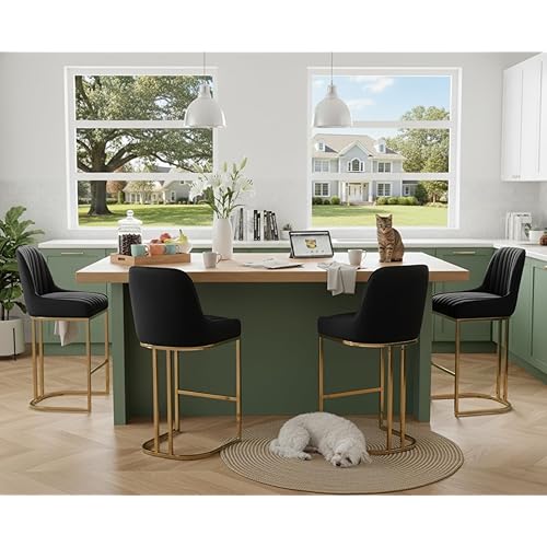 CIMOTA Black and Gold Counter Height Bar Stools Set of 4 with Back, Modern Kitchen Counter Stools Velvet Island Chairs Comfy Stripe Barstools for Breakfast Bar, 26 Inch/Velvet Black