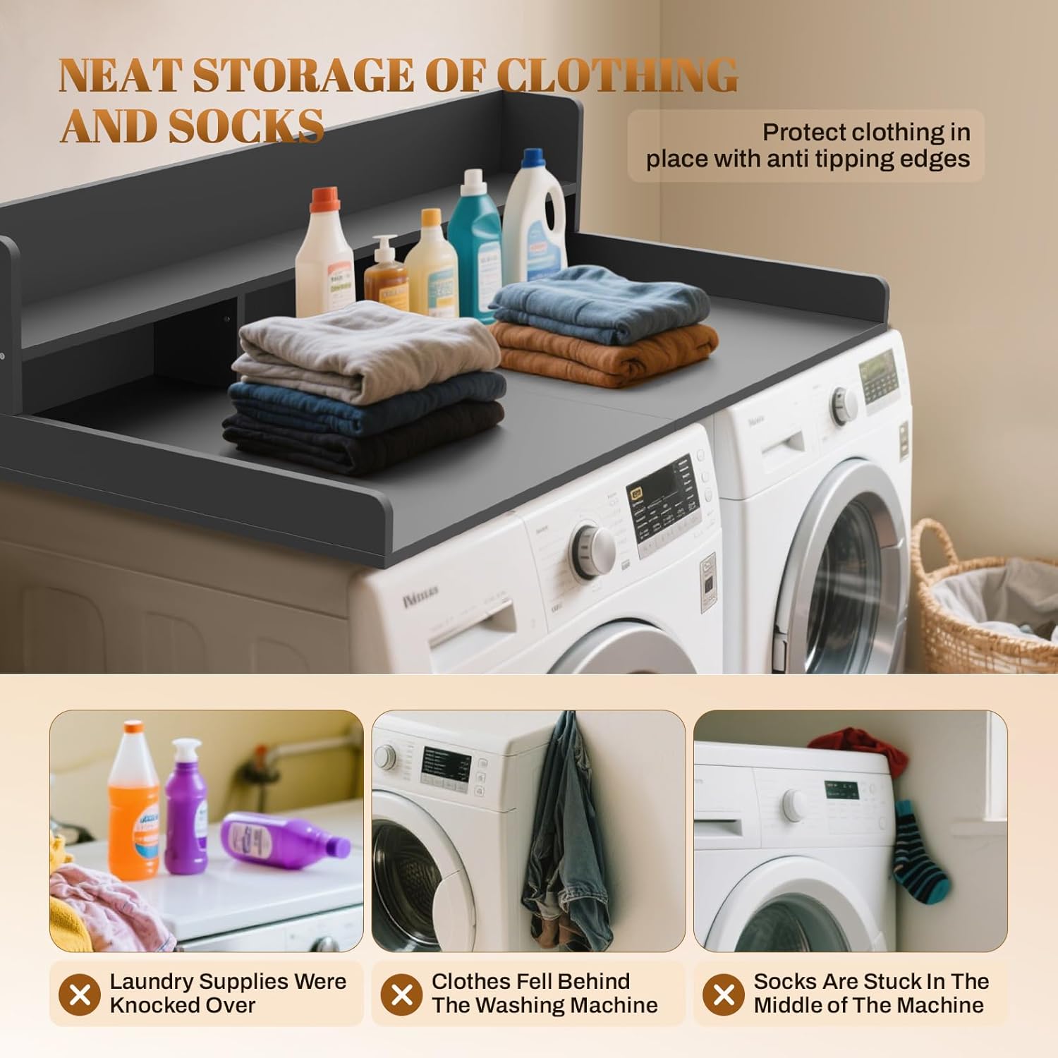 GCCSJ 2-Tier Joined Washer Dryer Countertop, 54" Width x 27.5" Depth Wood Shelf Topper with Edge & Non-Slip Pads for Laundry Room Organization Storage & Clothes Folding, Black