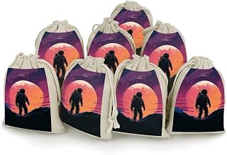 Pack of 8 Cotton Linen Bags with Drawstring Reusable Small Fabric Gift Bags | Cool Astronaut Drawstring Storage Bags Jewelry Pouch Cotton Tote Gift Bag for Storage, Freshness 6.7*4.9 In