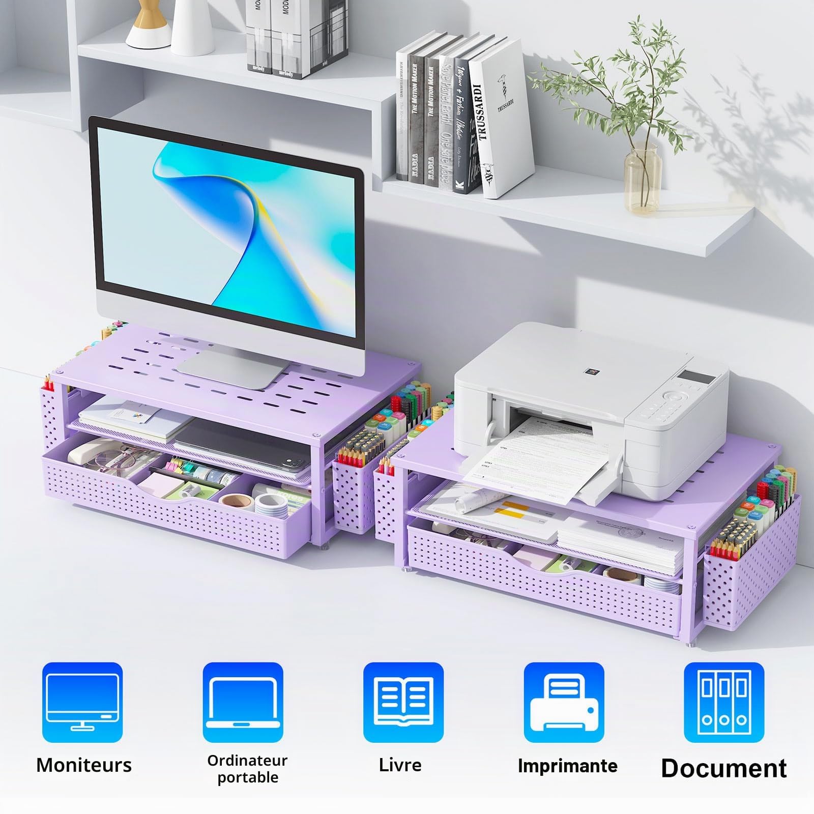 Gianotter Support de Moniteur avec Tiroir et Porte-stylos, Organisateur de Bureau Violet