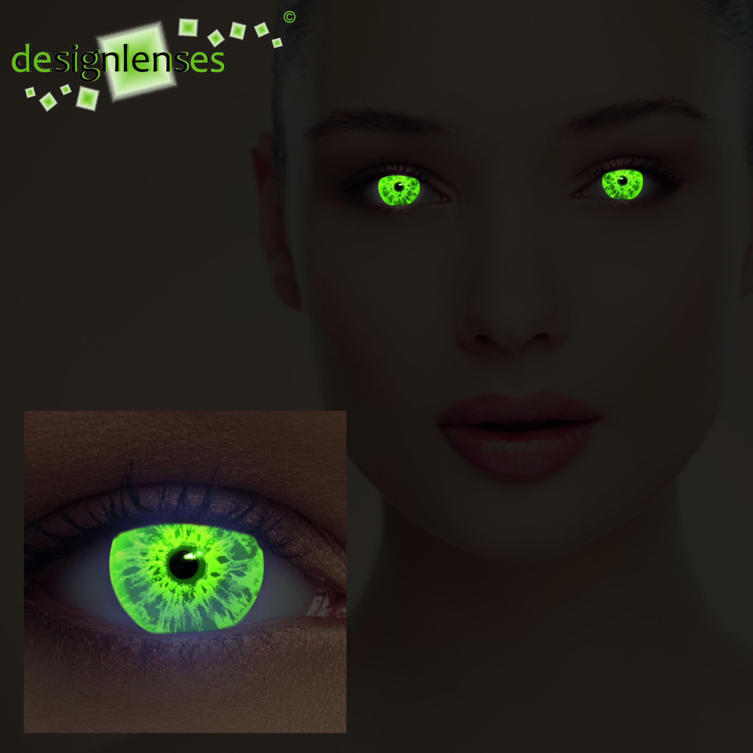 Dos luminoso (bajo luz negra) UV lentillas contacto, 1 par/2 pzs, fluorescente colores sin graduación + caso de lente „Sparkle" (Verde, 14.00, 0.00)