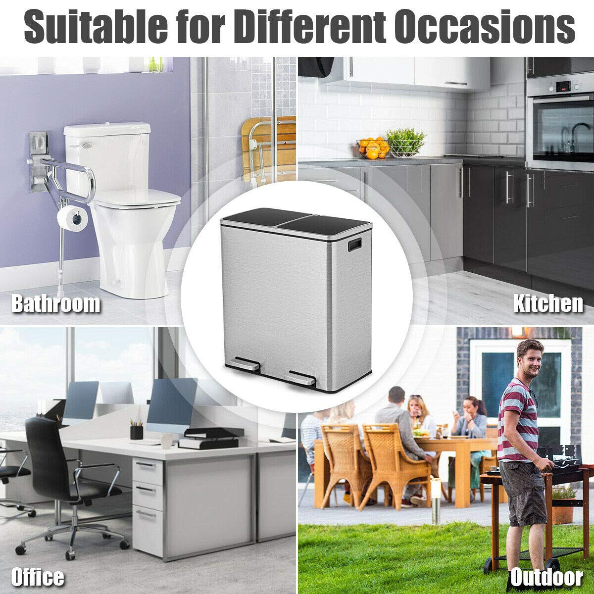 Buy Goplus Dual Trash Can, 60 Liter (2x30L)/ 16 Gallon Stainless Steel