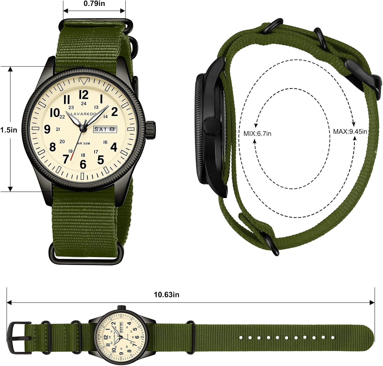 Diagram illustrating the dimensions of the Bomieux L6696 watch, including dial diameter, band width, and strap length.
