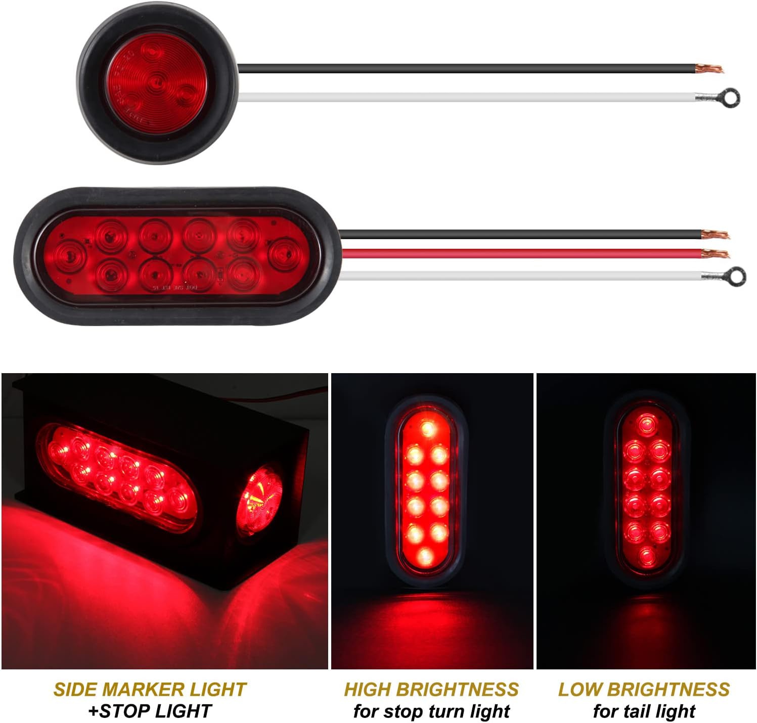 2Pcs Trailer Lights Welded Mount Steel Boxes Housing Kit W/License Plates, 6" Inch Oval Led Trailer Tail Lights + 2" Inch Round Led Side Markers Red Flush w/Grommet Plugs Wire Pigtails