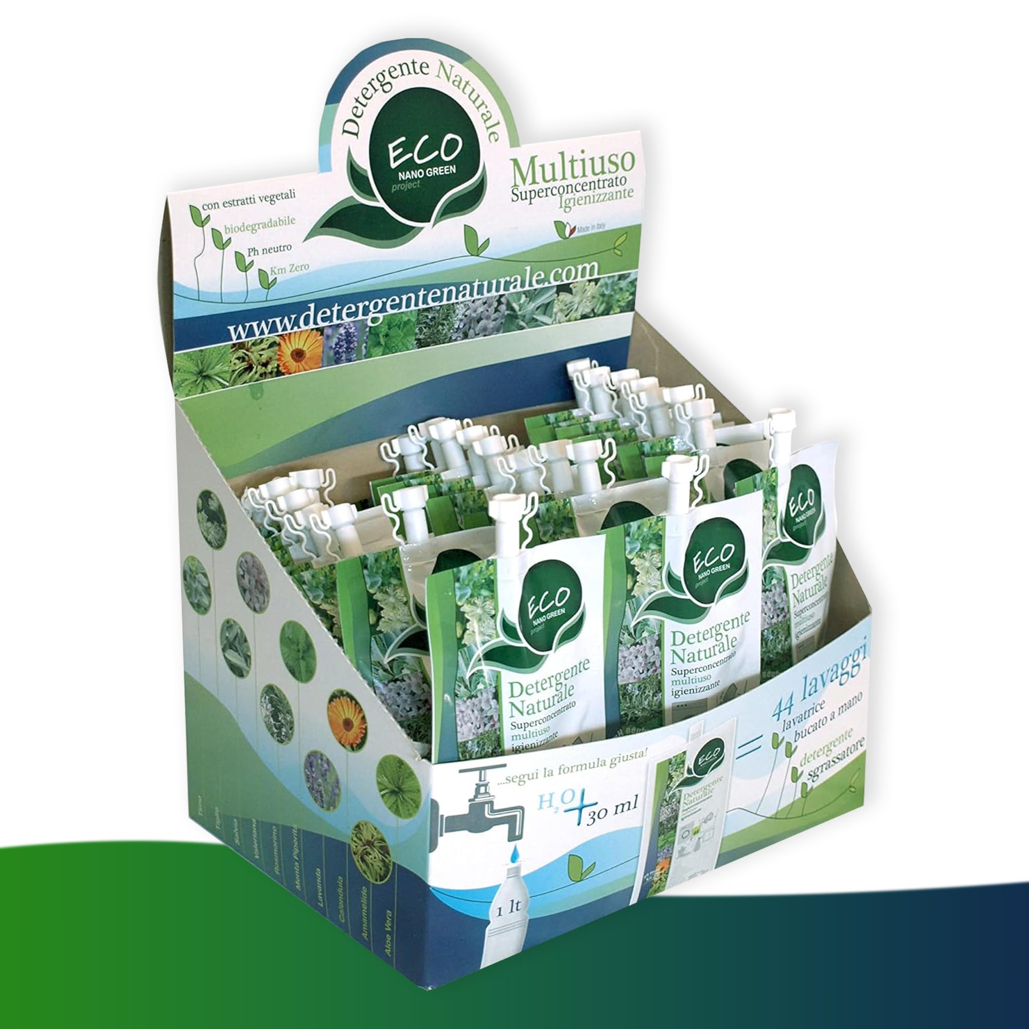 ECONANO GREEN PROJECT - Detergente Biologico Multiuso Superconcentrato 100% Naturale - Formato Risparmio con espositore 36 bustine