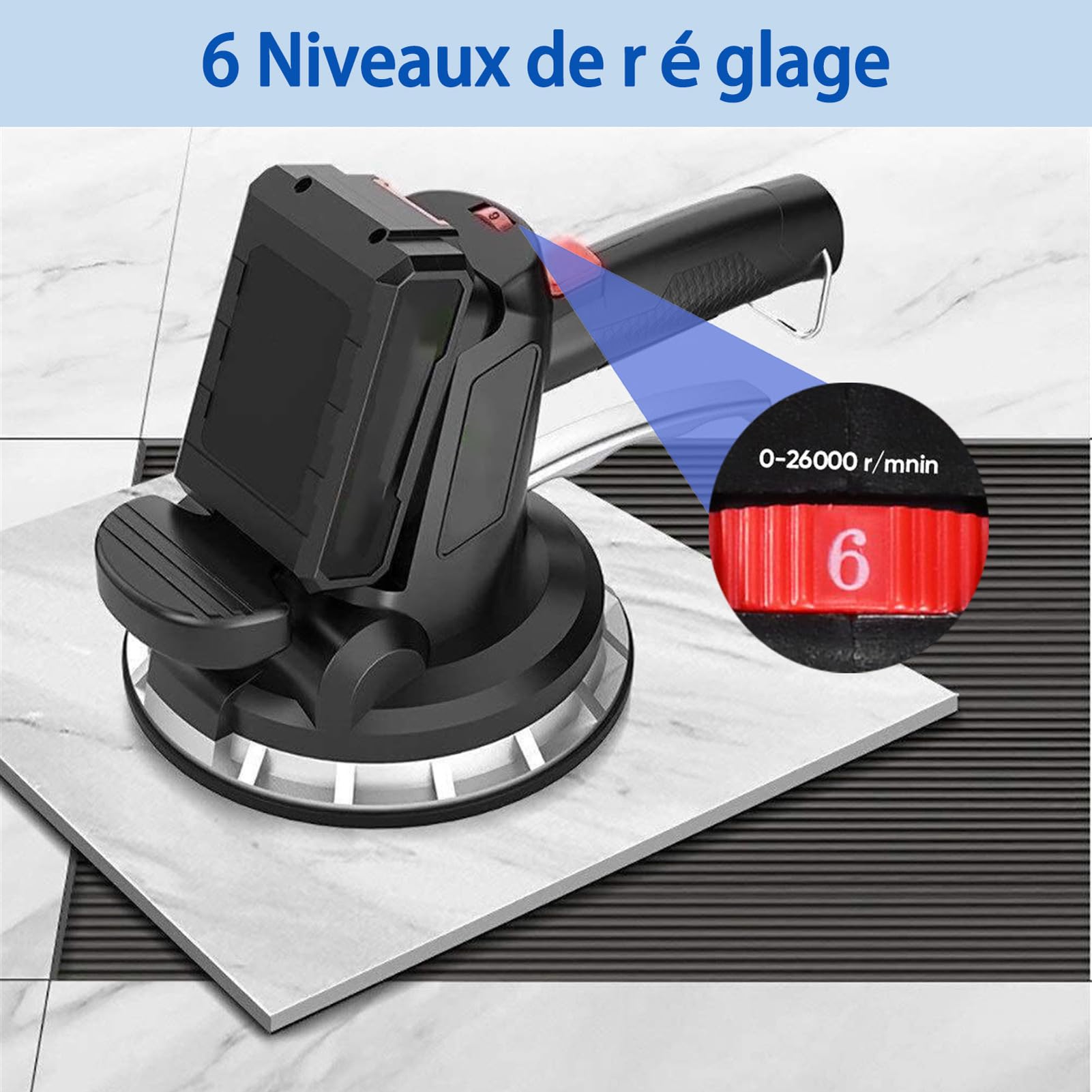 Machine Vibrante Carrelage électrique: 6 Vitesses Réglable Capacité de Charge Élevée Vibreur de Carrelage avec Ventouse Puissante de 18 cm Outils Utilitaires pour la Maison (2*Battery)
