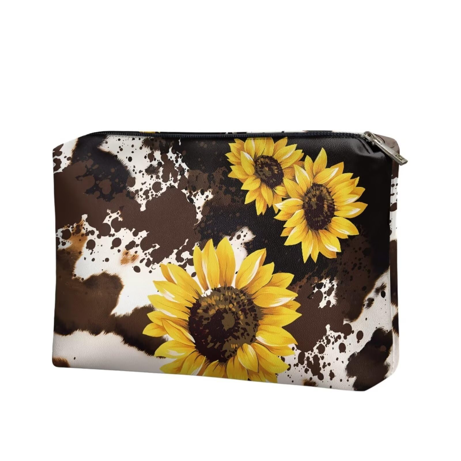 COEQINE Sunflower Cosmetic Bag for Women Leather Soft Cosmetic Bag With Black Cosmetic Purse for Travel Birthday Party Cow Print Cosmetic Purse With Zipper for Ladies Cell Phone Purse