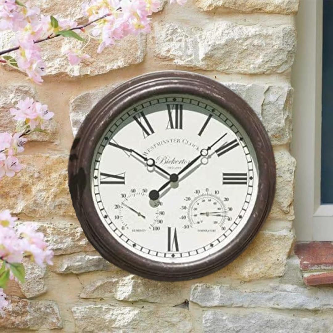 Garden Mile 15Cm Wall Thermometer Clock Large 15" Garden Wall Clock & Thermometer, Battery Operated Outdoor Clock With Weather Resistant Waterproof Roman Numerals, Modern Decor For Living Room, Indoor And Outdoor Use