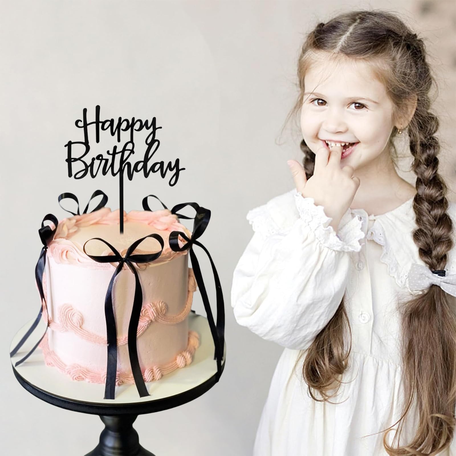 Décorations Gâteau Avec Nœud Noir - 7 Pièces (6 Nœuds + 1 Carte Joyeux Anniversaire) - Pour Mariage, Anniversaire