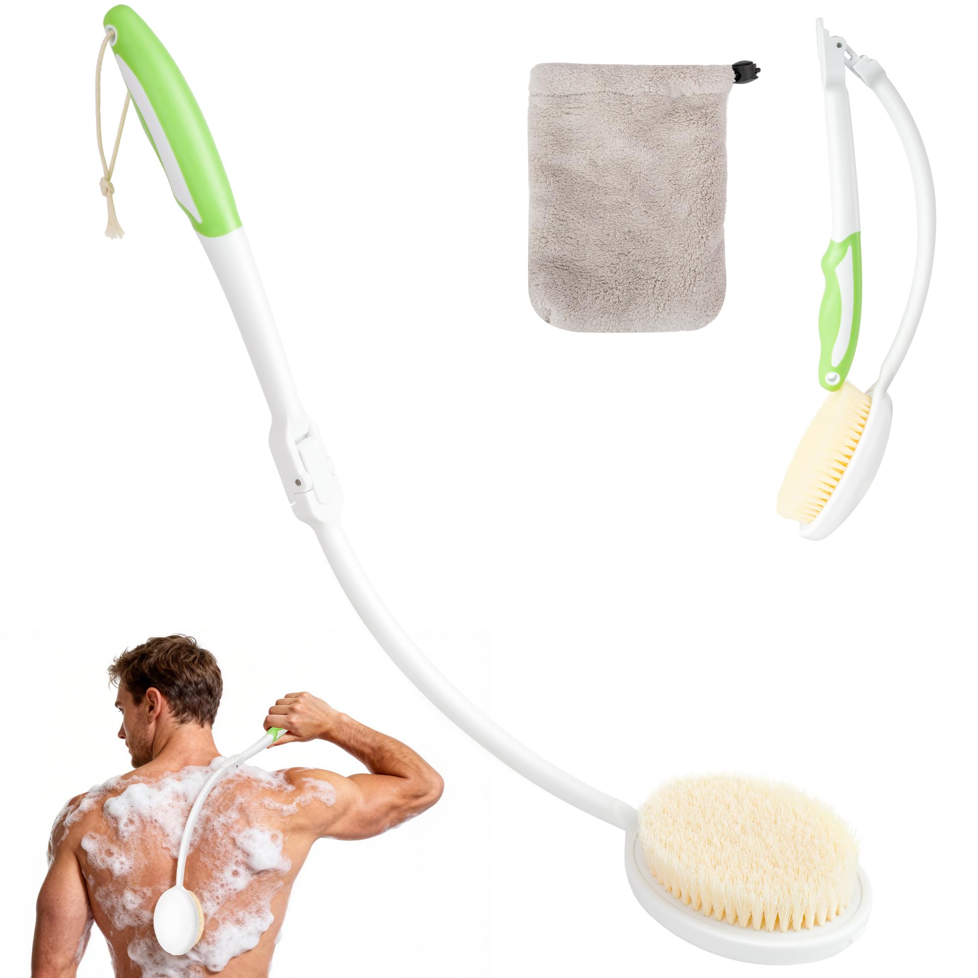 Brosse Dos Douche Pliable à Long Manche – Brosse pour le Dos Douches avec Poils Souples et Serviette Incluse, Brosses Douche Dos Ergonomique pour Nettoyage Corps Entier