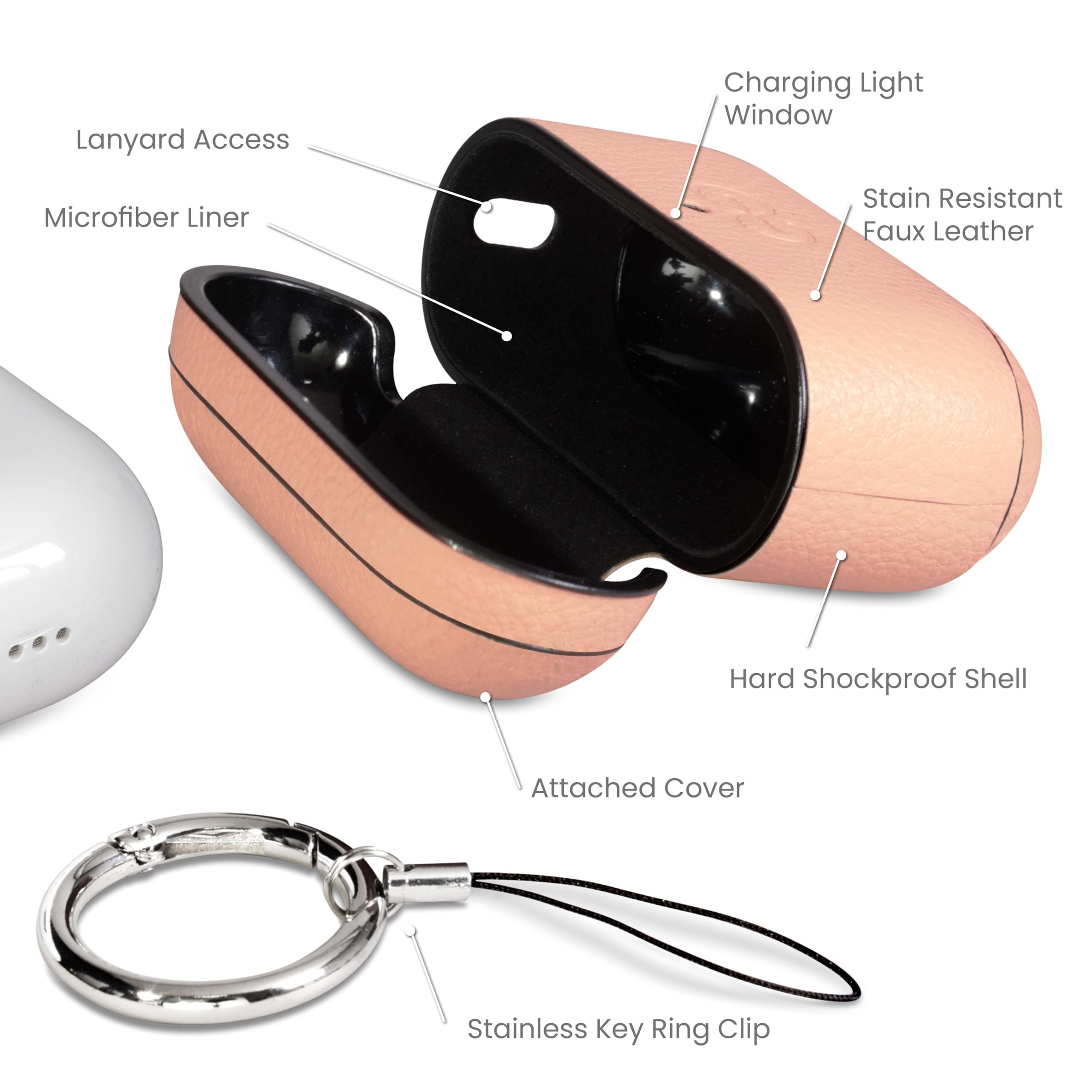 Dreem Vegan Leather AirPods Pro 3 Case Cover, Keychain Carabiner Clip, for Apple AirPods Pro 3 Case, Leather + Protective Hard Plastic Shell, MagSafe OK, with Reveal Motion Effect [Om:Pink] - 3