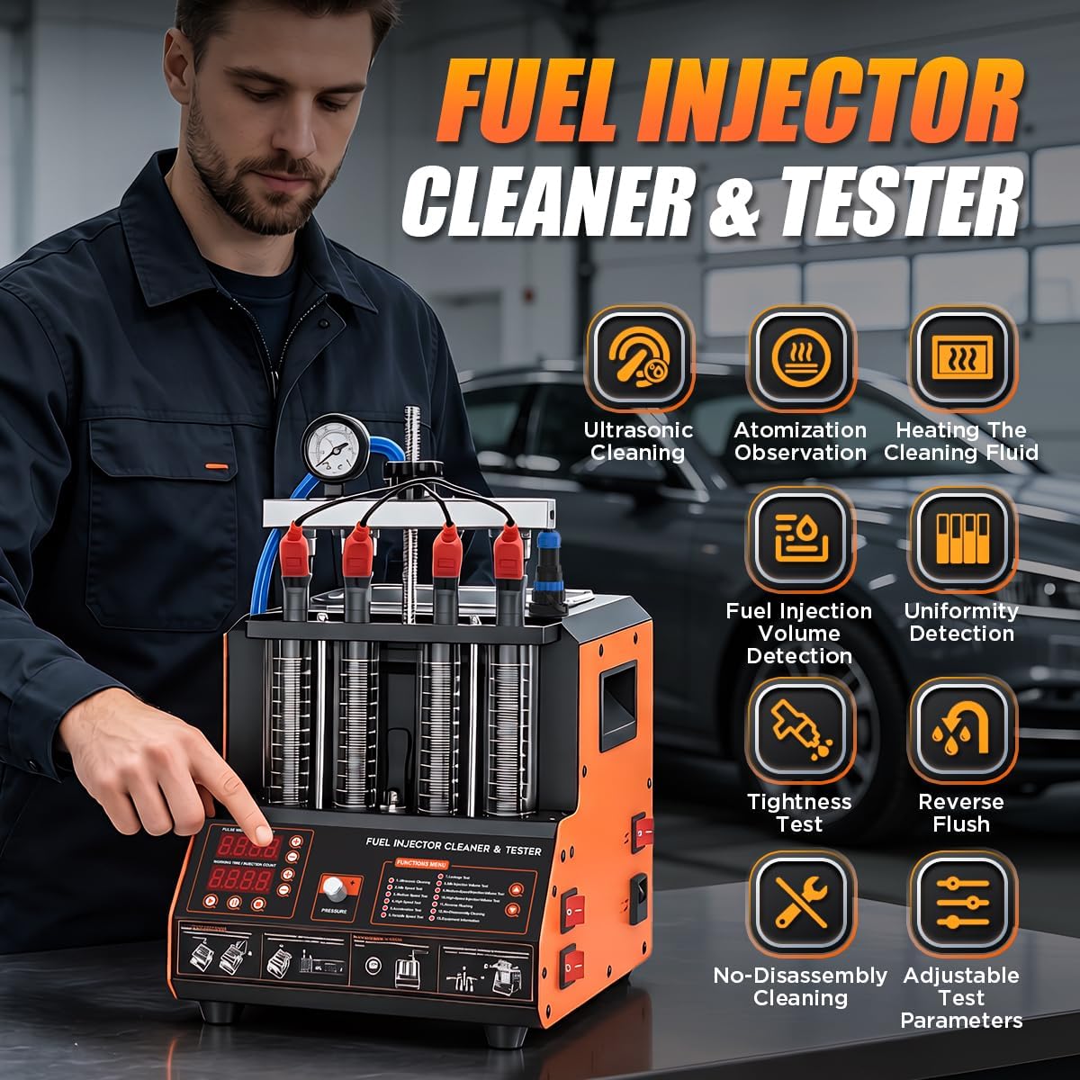Fuel Injector Cleaner Tester Kit 2000ML 28KHz Ultrasonic & Heated Injector Cleaner Machine 9 Test Mode Injector Tester 4-Cylinder Fuel System Injection Cleaning Tool for 5V/12V Motorcycle Car Injector