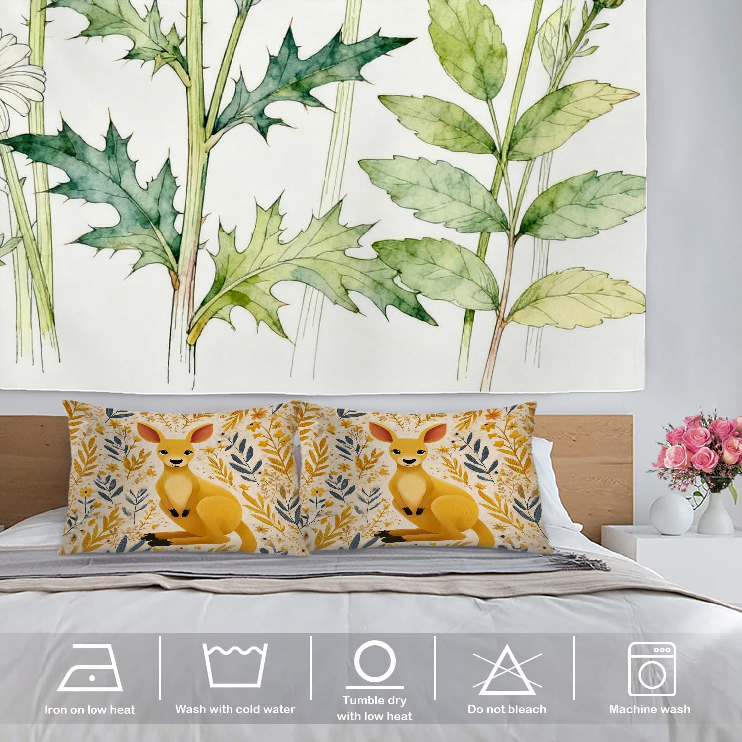 Cute Kangaroo Throw Pillow Covers, Light Yellow Kangaroo with Flowers Cushion Cover Digital Blended Hidden Zipper Decorative Pillowcases for Bedroom Lumbar 20X26 in 2 Pcs