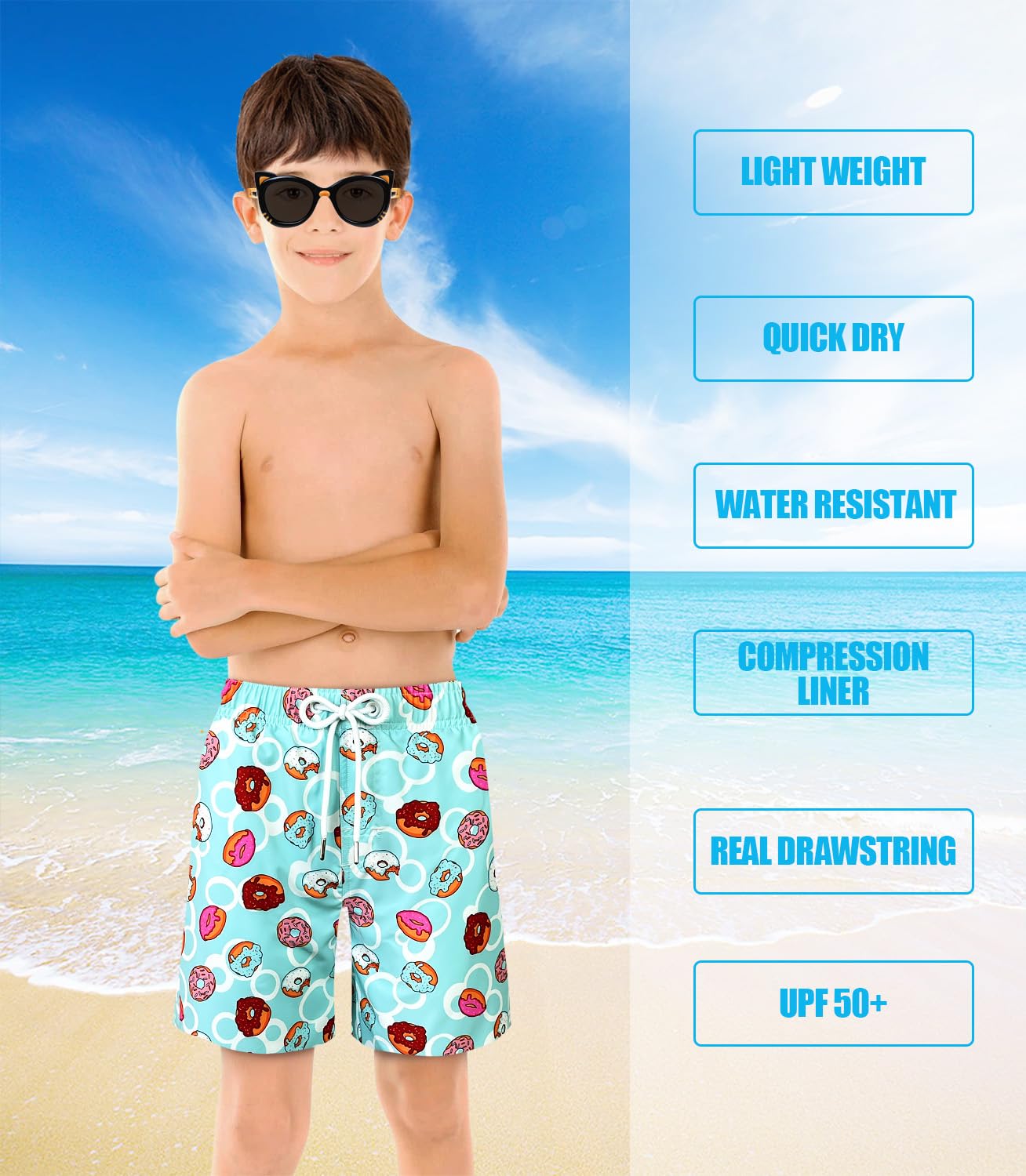 LUCOWEE Boys Bathing Trunks Boxer Brief Lined Anti Chafe Quality Swimming Shorts Swimsuits Stretchy Light Weight Quick Dry UPF 50+ Water to Land Donuts Size 10-12