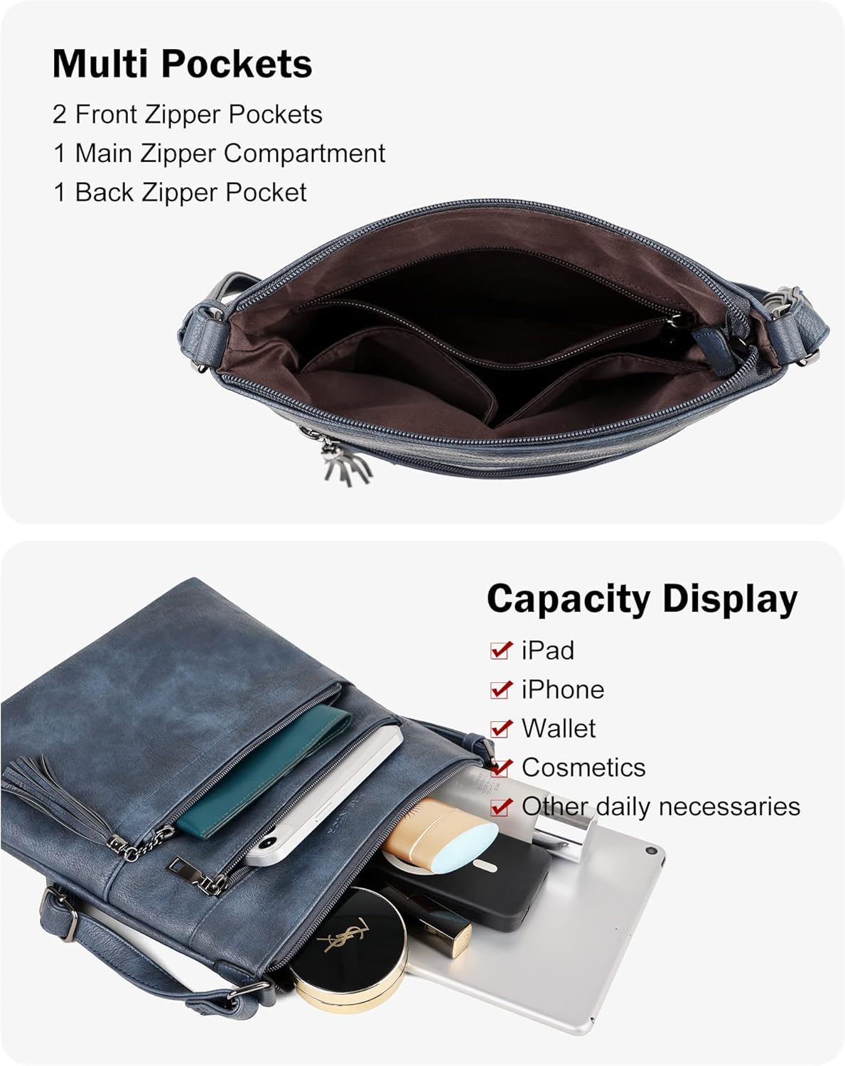 MASINTOR Crossbody Purses for Women, Multi Pocket Casual Crossbody Bag, Adjustable Strap Shoulder Bag with Tassel - Image 3