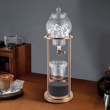 Ice Drip Coffee Maker, 600ml/20.29oz Luxury Cold Brew Coffee Maker in Stainless Steel and Borosilicate Glass, Retro-Style Coffee Maker For Serving 6-8 People At One Time (Gold)