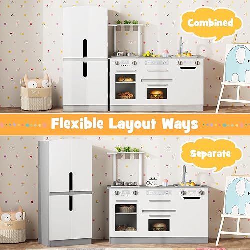 Miniatura 3 de Costzon Juego de cocina para niños, juego modular de madera de 2 piezas con agua corriente, sonido y luz, nevera, lavavajillas, microondas, horno,