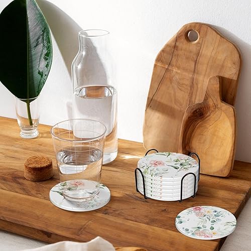 Miniatura 6 de Posavasos absorbentes con soporte, rosas rosas, flores, hojas verdes, juegos de 6 posavasos de cerámica duraderos para mesa de café con base de
