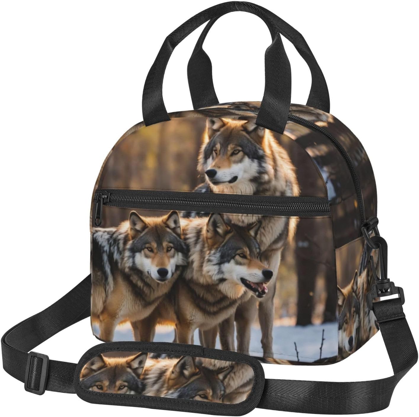 Wolfs Print Reusable Lunch Bag Insulated Lunch Boxes for Office Work Picnic Tote Bag Adjustable