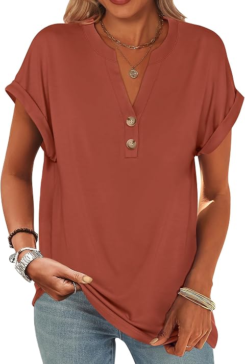 ANRABESS Womens Short Sleeve Henley Tops V Neck Dressy Casual Blouses Summer Trendy Tee Shirts 2026 Vacation Fashion Clothes