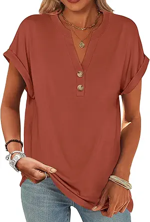 ANRABESS Women's Short Sleeve Henley V-Neck Top - Casual Summer Blouse