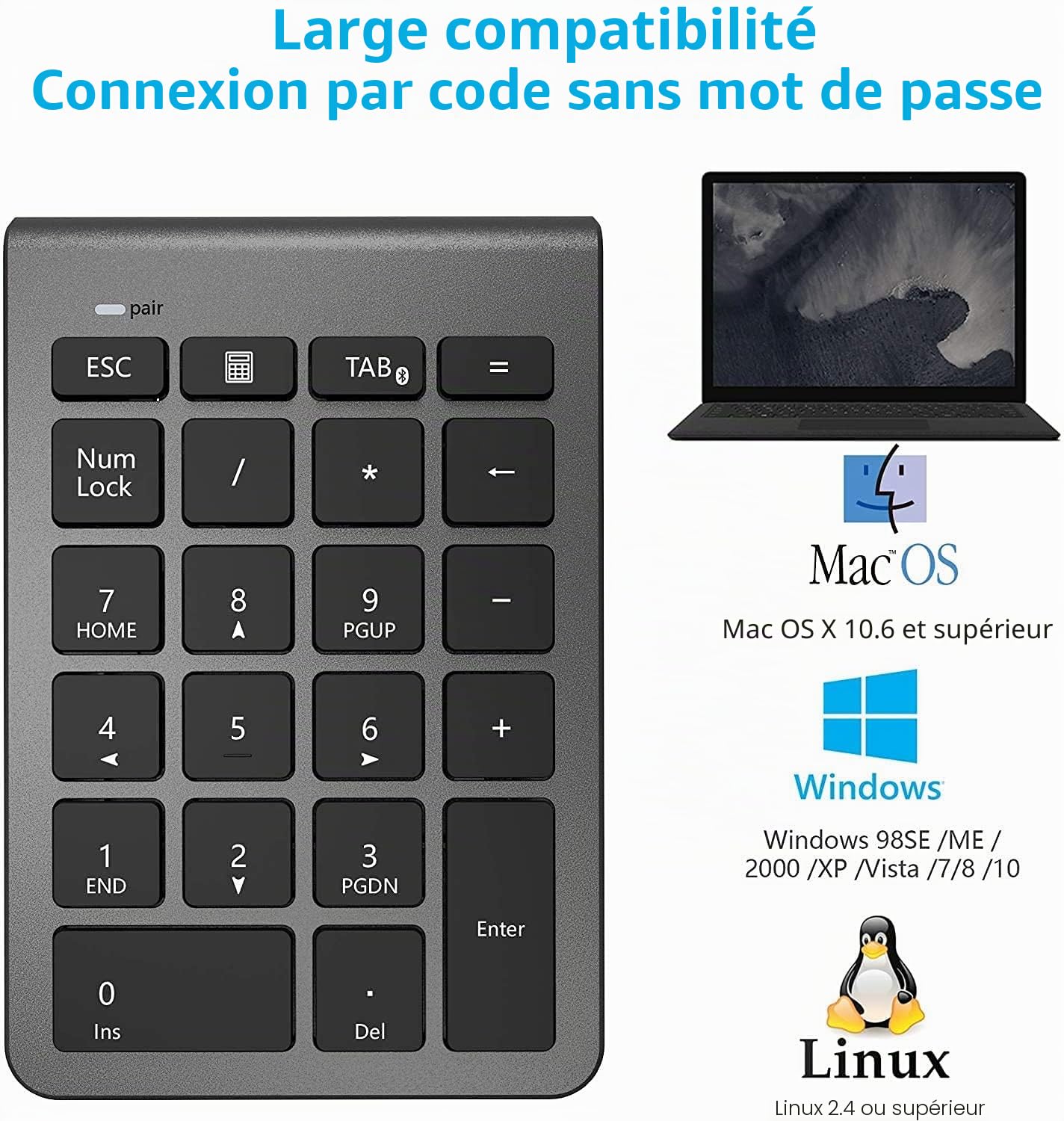 【Version Améliorée】 Pavé Numérique Bluetooth, Clavier Numérique Externe sans Fil Portable à 22 Touches pour Ordinateur Portable, Tablette, PC, Ordinateur de Bureau et Plus