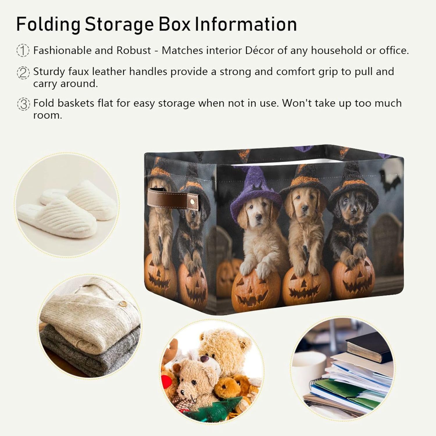 Aslsiy Storage Basket Puppies Witch Hat Pumpkin Halloween Nursery Bins Baby Box Canvas Clothes Shelf Basket Laundry Hampers 1 Pcs