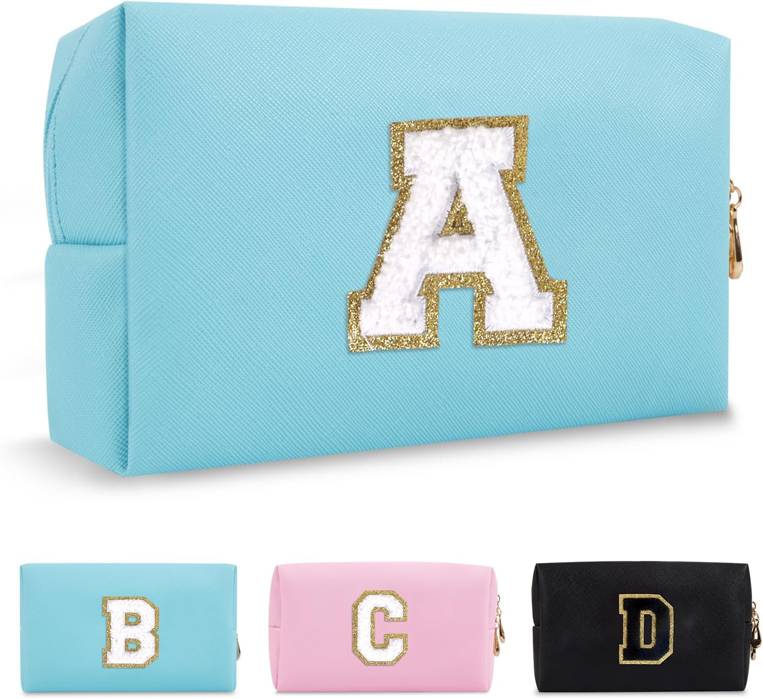 Small Personalized Initial A-Z Preppy Patch Makeup Bag,PU Chenille Letter Travel Cosmetic Pouch with Zipper,Blue Cute Toiletry Bag,Gift Ideal for Teen Girls Women Teacher Bridesmaid,Letter A