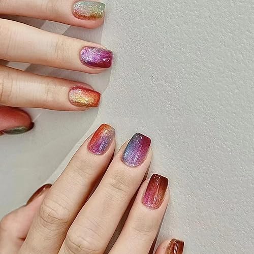 Square Press on Nails Short Ombre Fake Nails Colorful Acrylic