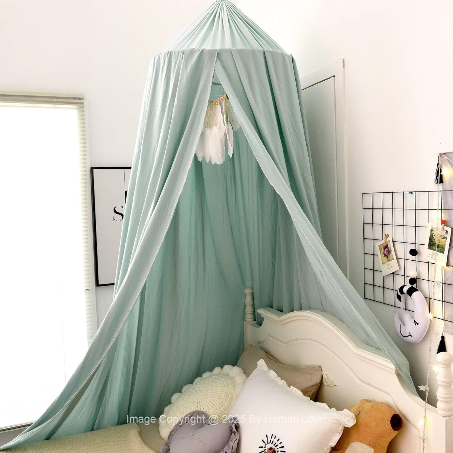 Green Bed Canopy for Girls with Light, Princess Canopy Curtains for Twin Full Queen Size Kids Bed, Canopy for Girls Bed Room Decor, Hanging Castle Ceiling Tent