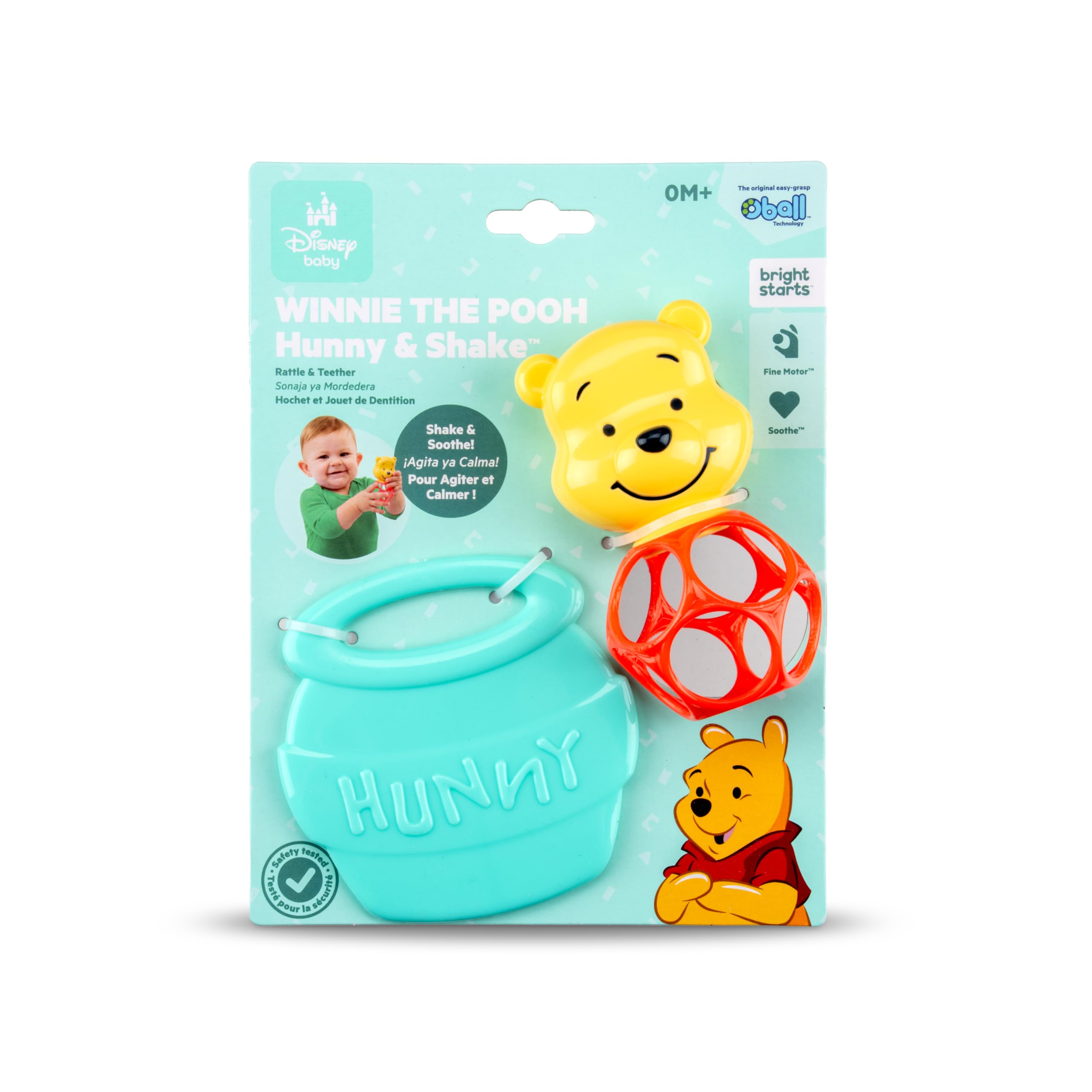 Bright Starts Disney Baby Winnie The Pooh Hunny & Shake Rattle & Teether, Stroller Toy for On The Go, Newborns & Up