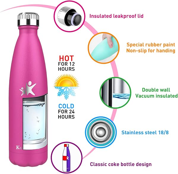 KollyKolla Gourde Inox Isotherme - 350/500/650/750ml, Bouteille d'eau Acier Inoxydable à Double Paroi Reutilisable Gourdes Sans BPA Etanche Bidon Anti Fuite pour Enfant & Adulte, Sport, Gym, école - 2