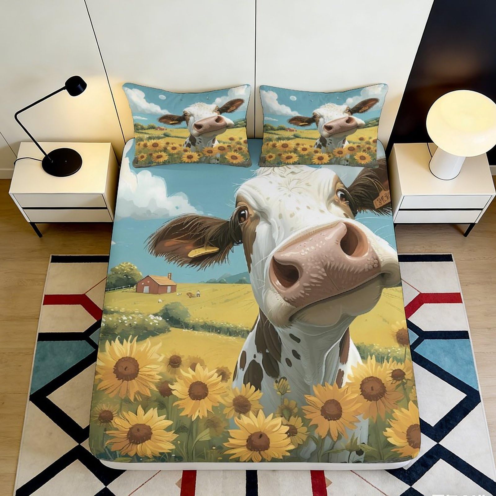 Pnayamiorkfel Style-5 3D Printed Cow Sunflower Fitted Sheet Microfiber Yellow Blue Farmhouse Mattress Cover For Bedroom Dorm Decor 90X200x25cm