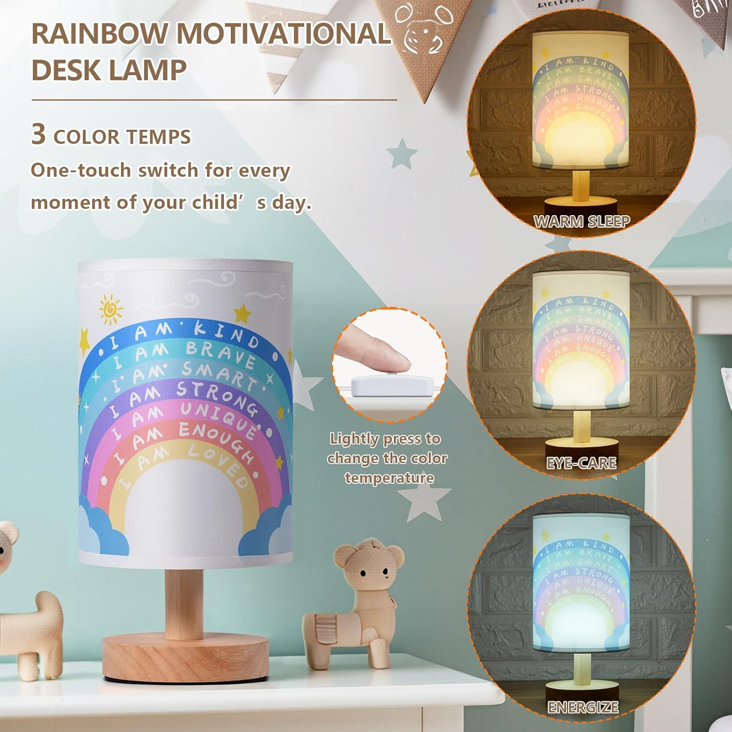 Rainbow Christmas Desk Lamp, 3 Light Modes, USB Powered, for Bedroom,Calming Corner Decor, Cozy Center, Book Center and Supplies, 10 inch Height, Christmas Gift.